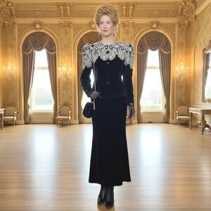 VTG Jessica McClintock Black Velvet Sequin Victorian Goth Glam Bolero Jacket S